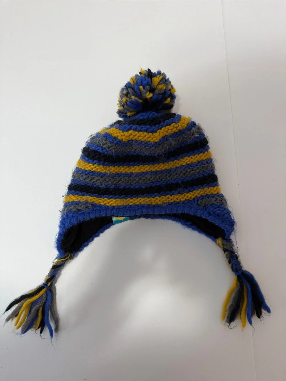 Turtle fur -Striped Knit Pom Earflap Hat for Kids — Blue, Yellow & Gray